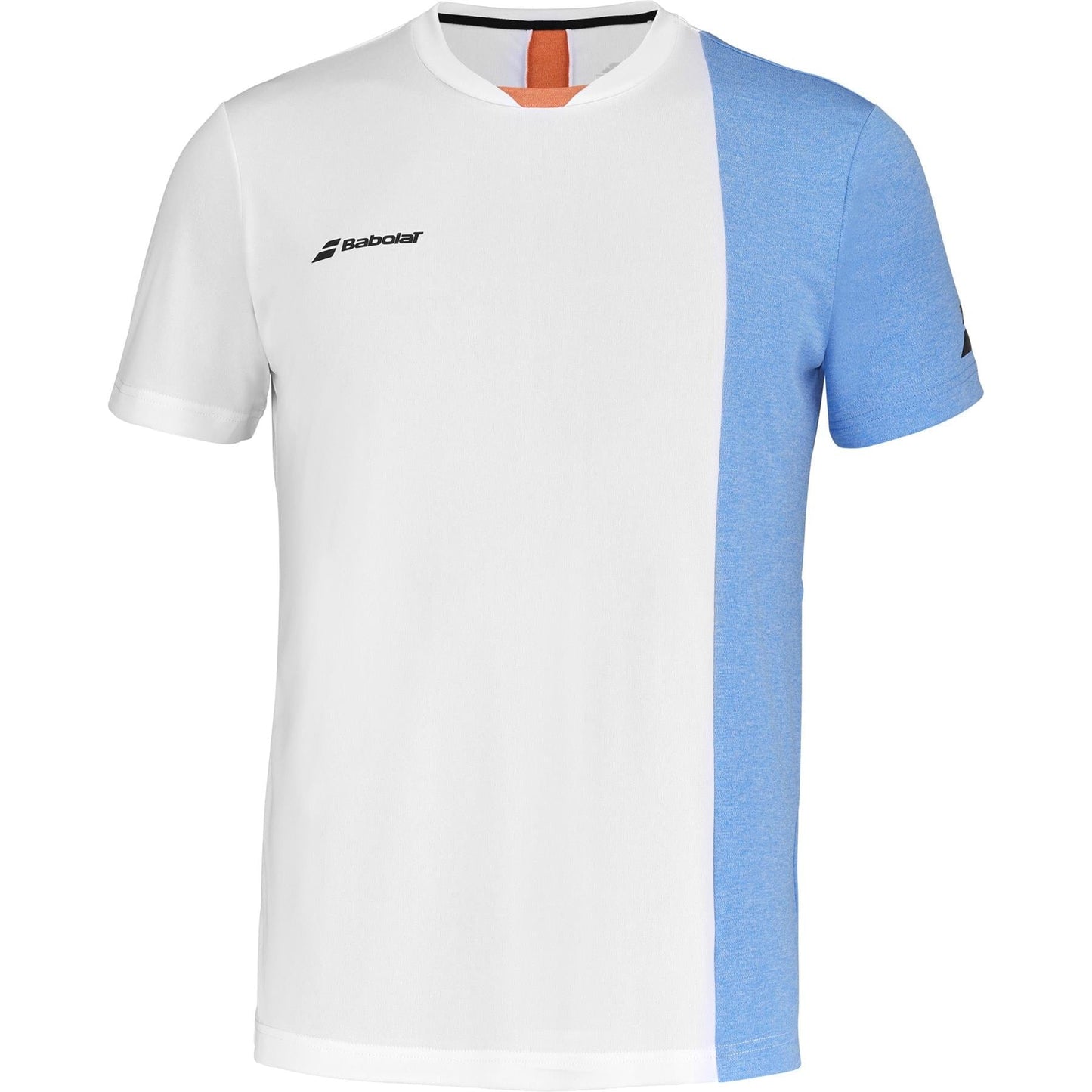 The Babolat Play Crew Men's Tennis T-Shirt in white/blue heather is crafted from recycled polyester, featuring short sleeves and a bold light blue vertical panel. The black Babolat logo accents the chest and sleeve.