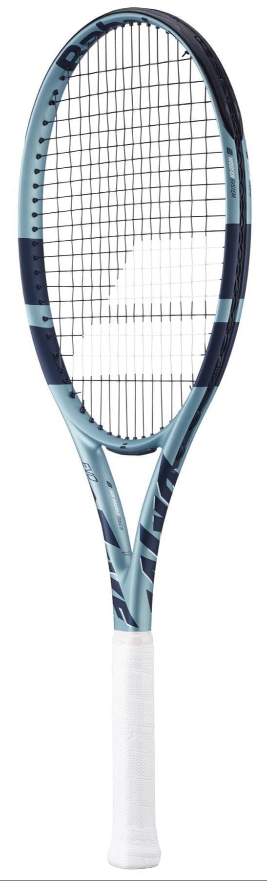 The Babolat EVO Drive Gen 2 Tennis Racket stands out with a stylish light and dark blue frame and black strings. A white logo adorns the strings, while the white grip tape assures excellent control.