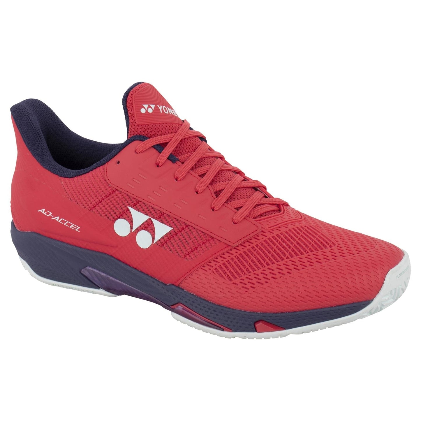 The Yonex Power Cushion Ad-Accel Men's Tennis Shoes in Sunset Red feature a mesh upper and dark sole, incorporating Yonex technology with the brand logo on the tongue and side.