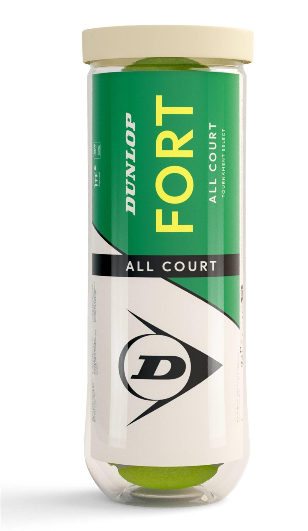A tube of Dunlop Fort All Court Tennis Balls (3 Ball Tube) by Dunlop, featuring green and white packaging with a black Dunlop logo and a visible yellow ball—engineered for elite play on all court surfaces.