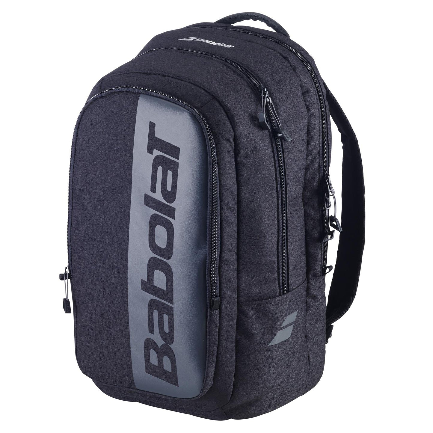 The Babolat Court Hero Tennis Backpack - Black features a large front compartment with the brand name on a gray panel, multiple zippers, adjustable shoulder straps, and convenient racket storage, making it ideal for sports or travel.
