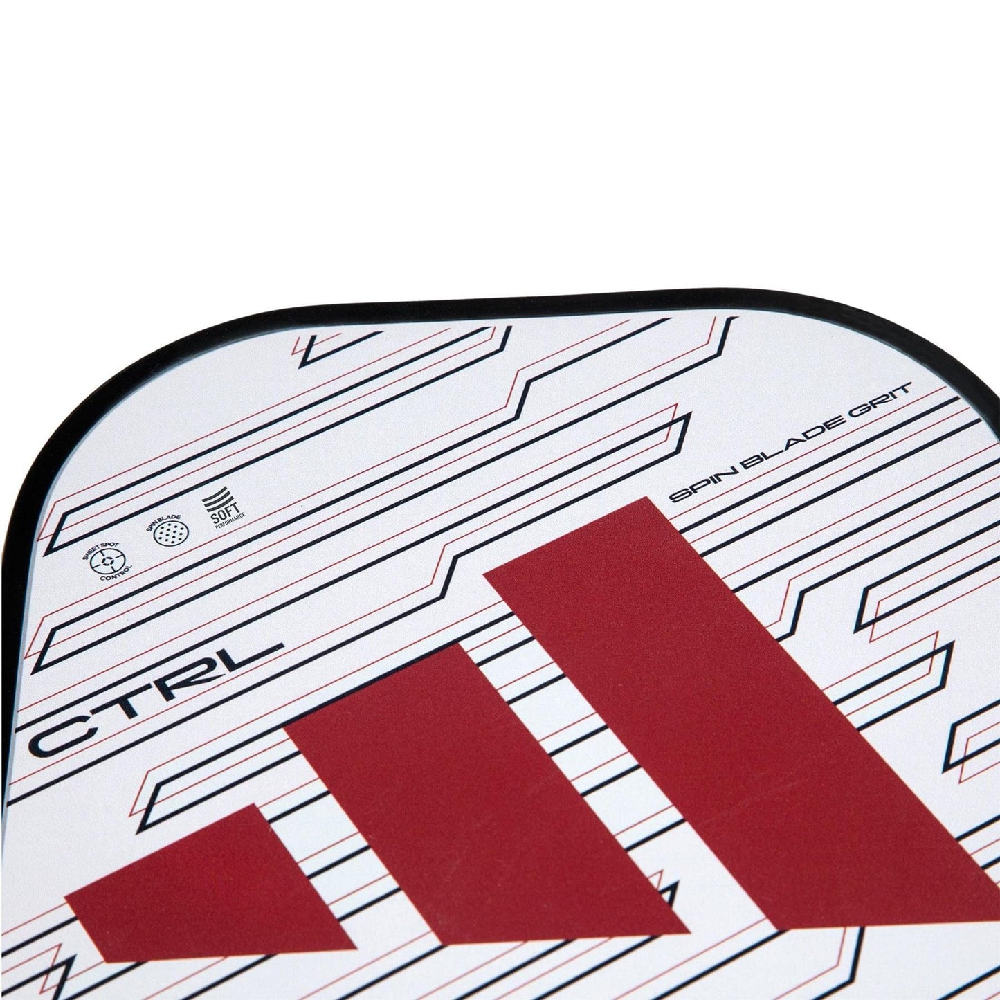 Close-up of the ADIDAS RX CTRL 3.3 Pickleball Paddle in white, featuring a large red adidas logo, "CTRL" and "Spin Blade Grit" text, plus an HD Polypropylene Honeycomb Core with black and gray line patterns on a white background.