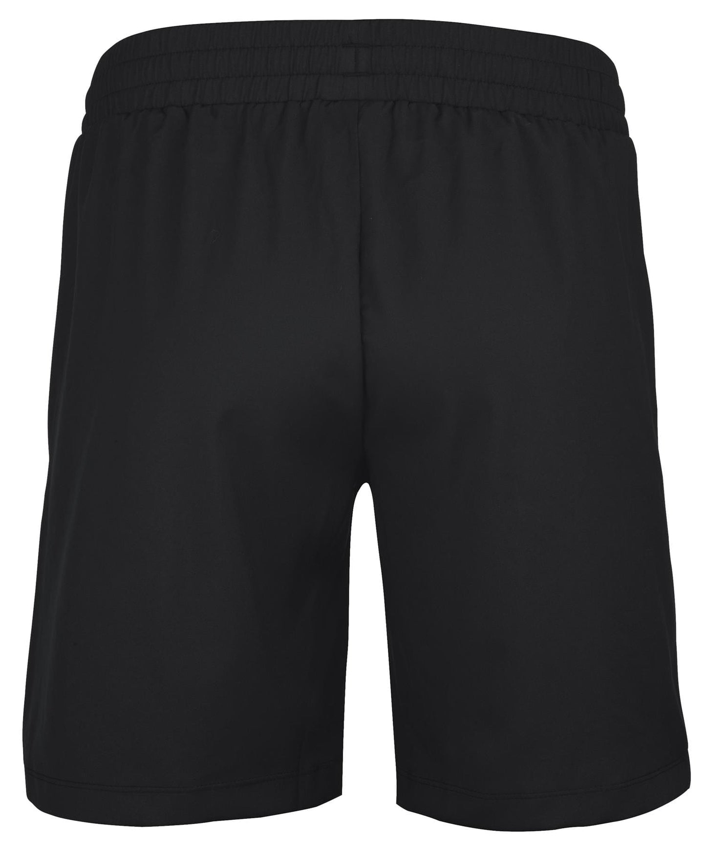 The back view of the Babolat Play Men's Tennis Shorts in black features an elastic waistband, made with recycled polyester fabric for eco-friendly performance.