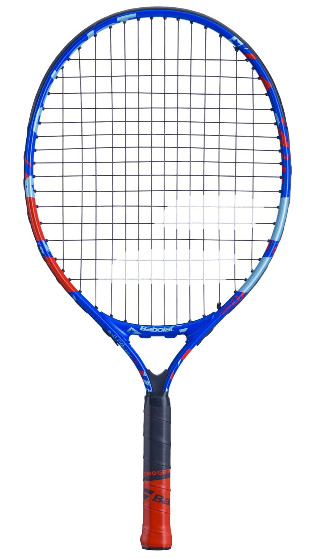 The Babolat BallFighter 21 Junior Tennis Racket - Blue / Red, crafted by Babolat, is perfect for beginners. It boasts a vibrant blue and red frame outfitted with strings, while the handle is wrapped in contrasting black and red grip tape to encourage proper grip techniques. Photographed against a white background, it’s an excellent choice for those new to tennis.