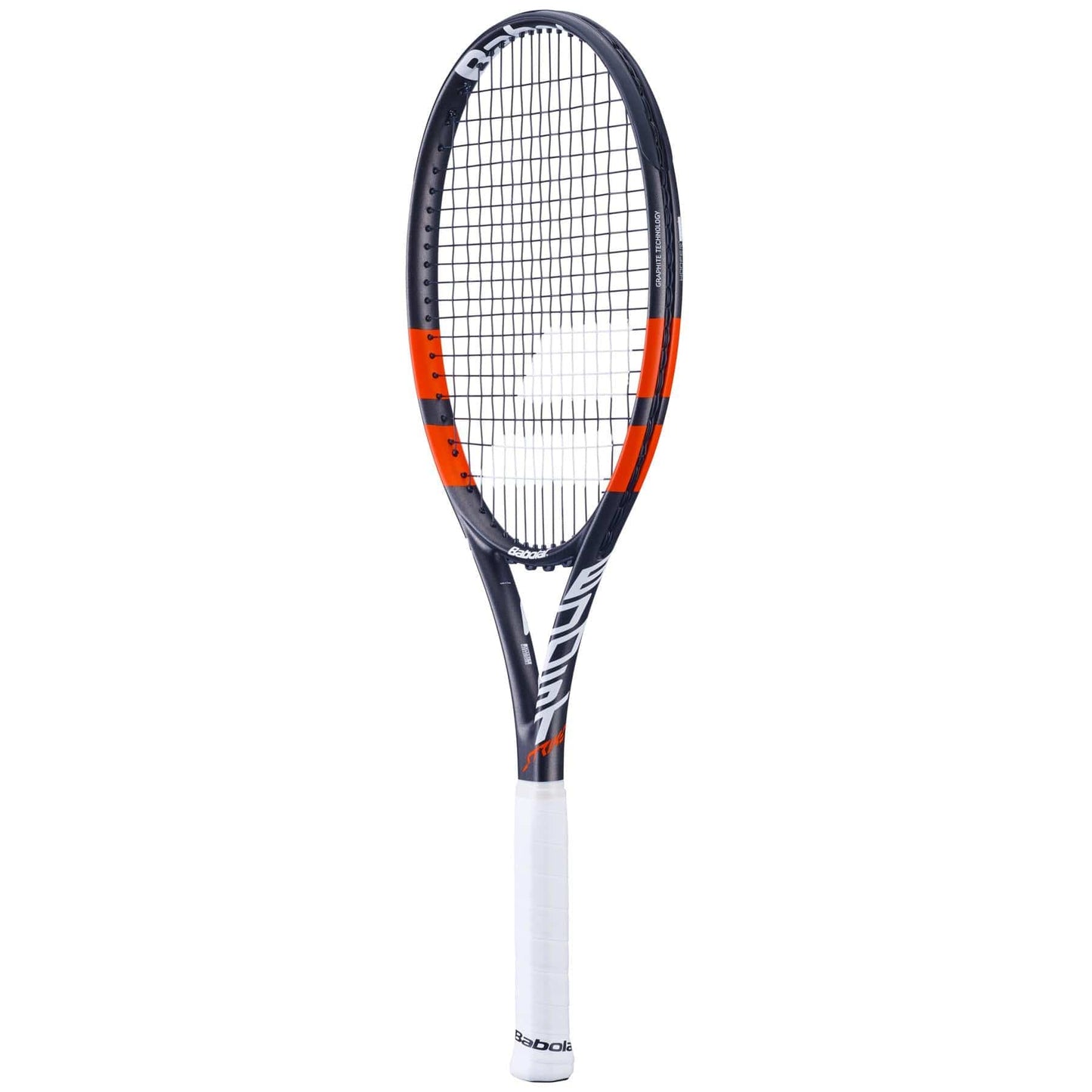 The Babolat Boost Strike 2024 tennis racket features a bold grey and red color scheme. Its frame showcases a unique design complemented by a white grip handle for superior accuracy. Enjoy optimal power with its tightly woven strings arranged in the standard pattern.