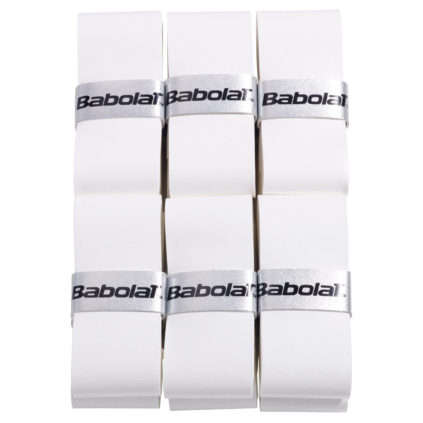 Twelve Babolat VS Original white tennis overgrips are neatly arranged in two rows of six, each wrapped with a silver band displaying the black Babolat logo against a plain white background.