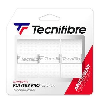 The Tecnifibre Players Pro Tennis Overgrip - 3 Pack - White includes three absorbent overgrips, each measuring 0.5 mm in thickness. The packaging showcases a red accent in the corner, emphasizing optimal absorption for enhanced playing comfort on the court.