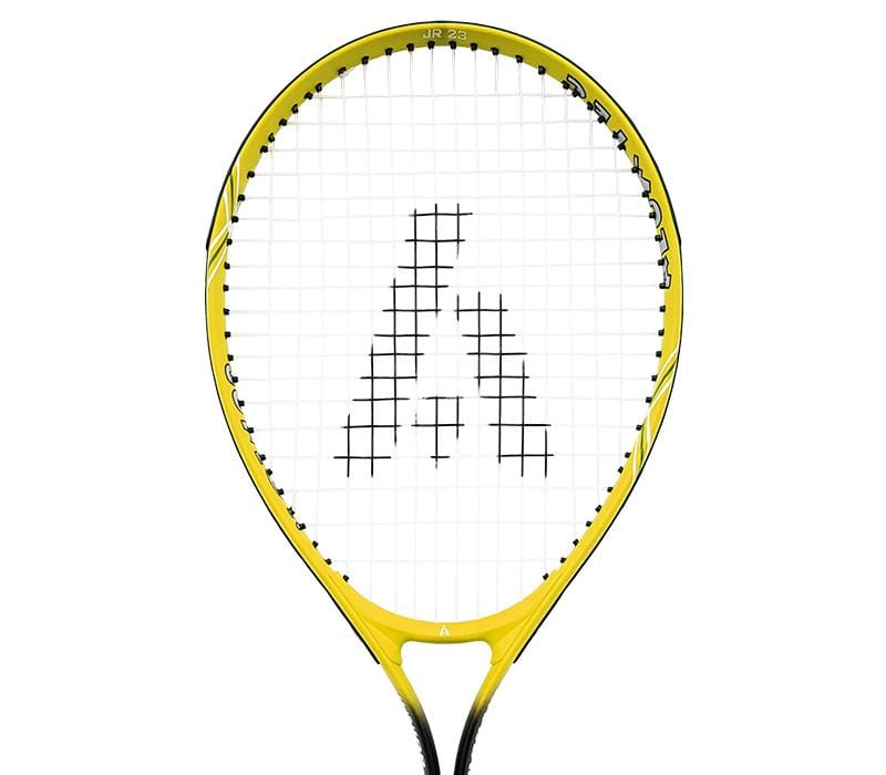 Introducing the Ashaway 21 Junior Tennis Racket in Yellow from Ashaway. It features a striking black and white string pattern that forms a stylized "A" design at the center. The racket's sleek, modern frame is crafted with aluminium for lightweight handling, making it an ideal choice for beginners on the court.