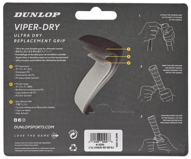 The packaging of the Dunlop Viper-Dry Replacement Tennis Grip - Black comes with installation instructions featuring illustrations. Highlighting its perspiration absorption and extreme durability, it guides you to wrap the grip from the handle's end, pull tightly, and secure it at the top for optimal performance.
