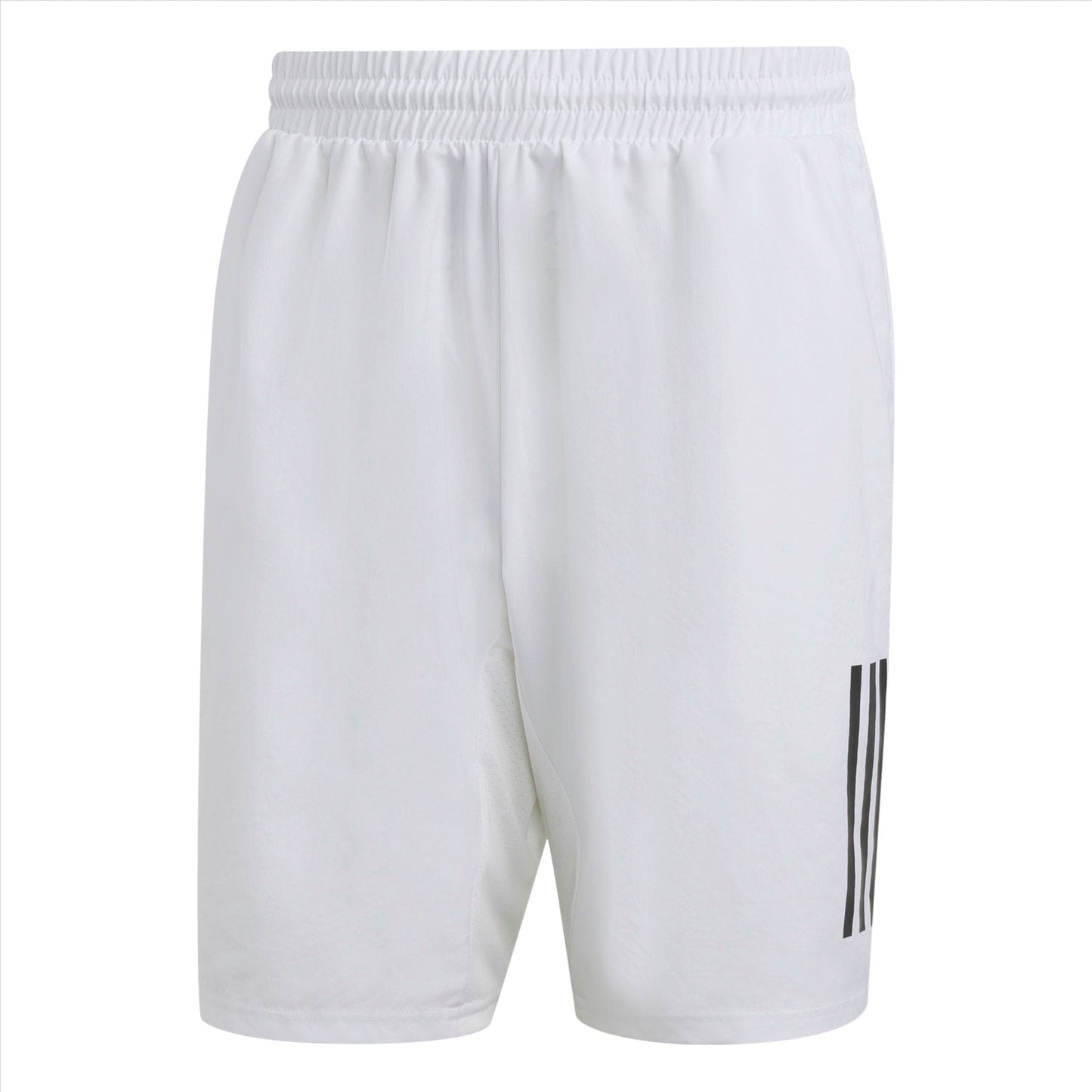 The adidas Club 3 Stripe 7" Men's Tennis Shorts in White feature an elastic waistband and three vertical black stripes on one side. Made from moisture-wicking fabric and recycled materials, these lightweight shorts are ideal for both sports and casual wear.