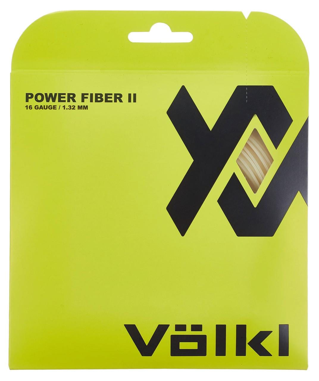 The yellow packaging showcases the Volkl Power Fibre II Tennis String Set - Natural (12m), featuring 16 gauge/1.32 mm multifilament strings. The design is highlighted by a bold black logo and text.