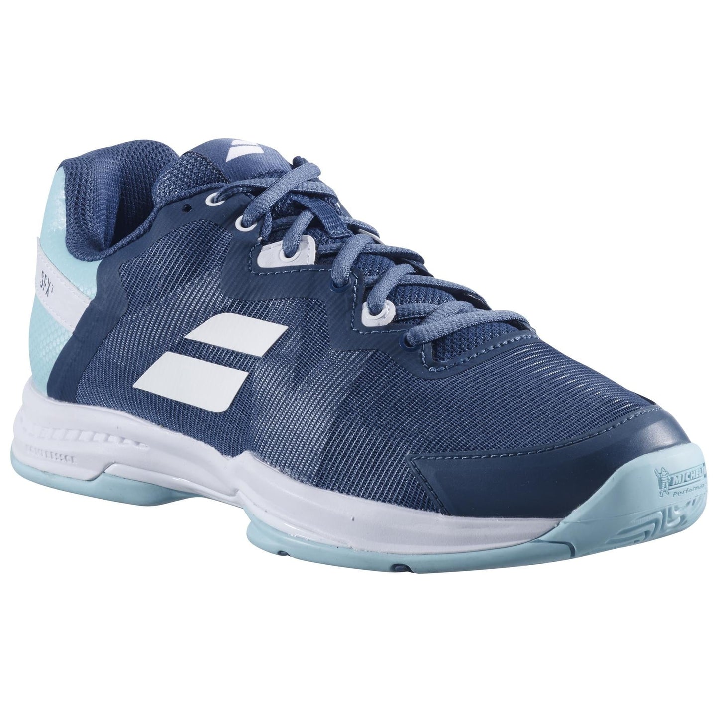 The Babolat SFX3 All Court Women's Tennis Shoes in Deep Dive Blue showcase a sleek design with white accents and a light blue Michelin Premium Tennis Sole. These shoes feature a lace-up front and textured upper for enhanced style and support, complemented by the Kompressor System for exceptional comfort.