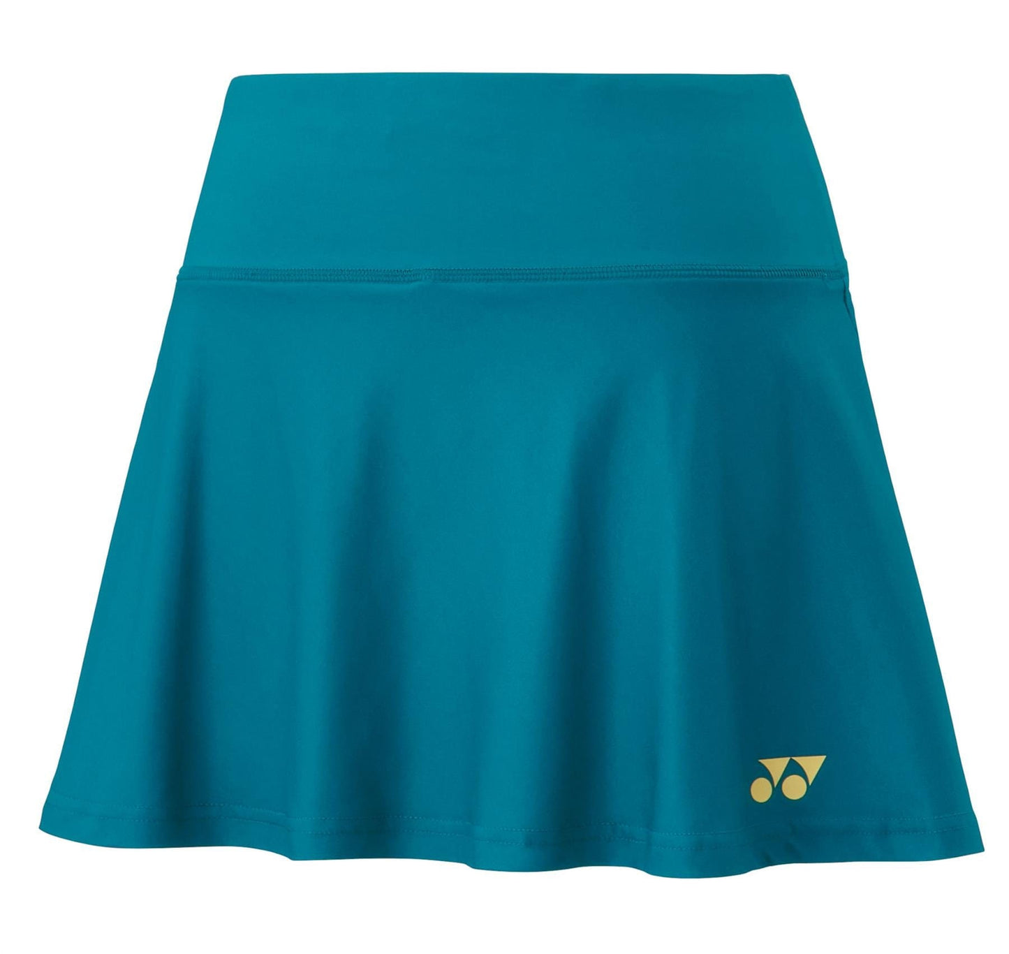 The Yonex 26120EX Women's Tennis Skort in Blue Green boasts a sleek design with a wide waistband and features a small yellow logo on the lower right. Ideal for sports activities, it incorporates VeryCool technology to reduce UV exposure, offering both comfort and protection during play.