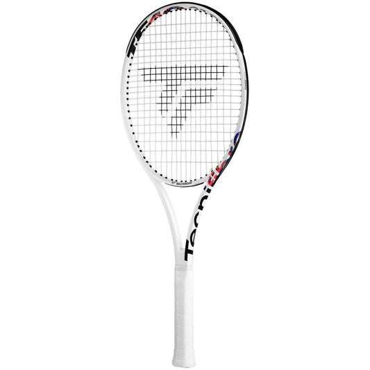 The Tecnifibre TF-40 315 18x20 Tennis Racket in white features a design with black strings and a centrally placed logo, providing maximum control. The white grip tape on the handle complements the sleek frame, elegantly printed with "Tecnifibre" on the side. Ideal for players who value spin and precision in every shot.