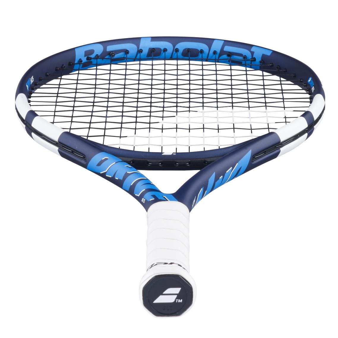 Close-up of the Babolat Drive Junior 25 tennis racket in blue/white features a black grip, ideal for intermediate players. The brand is visible on its sleek, modern frame with tightly strung strings for optimal performance.