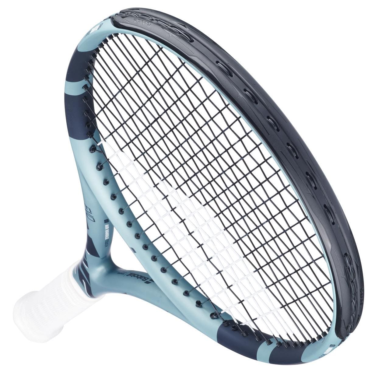 A Babolat EVO Drive Gen 2 Tennis Racket - Blue is shown at an angle with a white grip. It has aerodynamic contours, black strings, and an Air Handle Touch for enhanced control, presenting a modern and high-performance sports accessory.