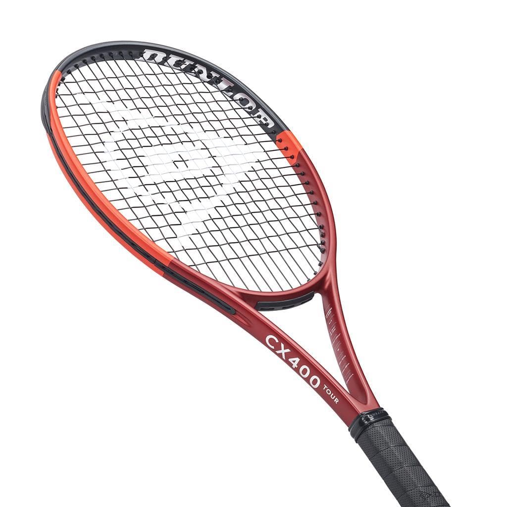 The Dunlop CX 400 Tour 2024 Tennis Racket - Red boasts a black and red frame, complemented by a black grip and strings, prominently displaying the Dunlop logo. The model name is elegantly printed on the throat, offering spin potential and enhanced racket feel for players who prioritize precision.