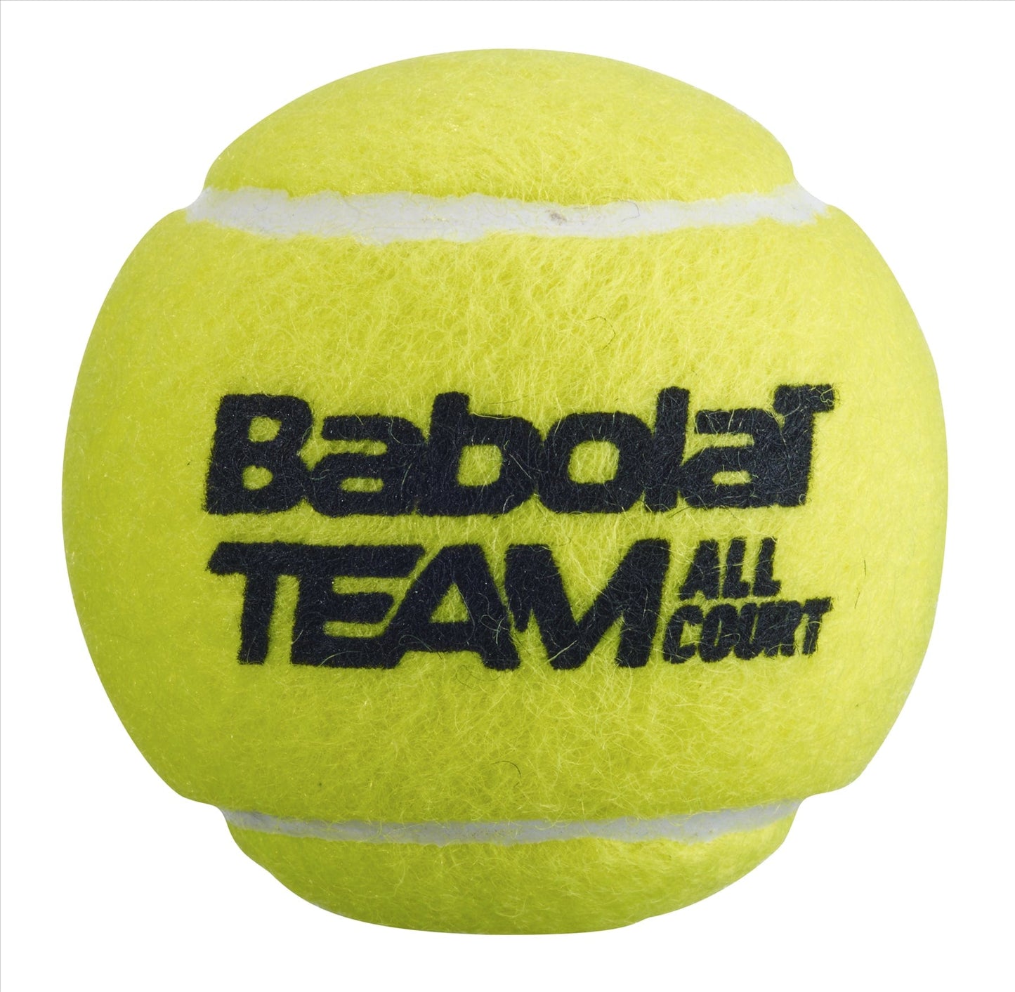 A detailed image showcases a high-performance yellow tennis ball, displaying "Babolat Pure Team All Court Tennis Balls" in black on its surface. The ball's fuzzy texture and white curved lines capture the essence of the Babolat Pure Team spirit.