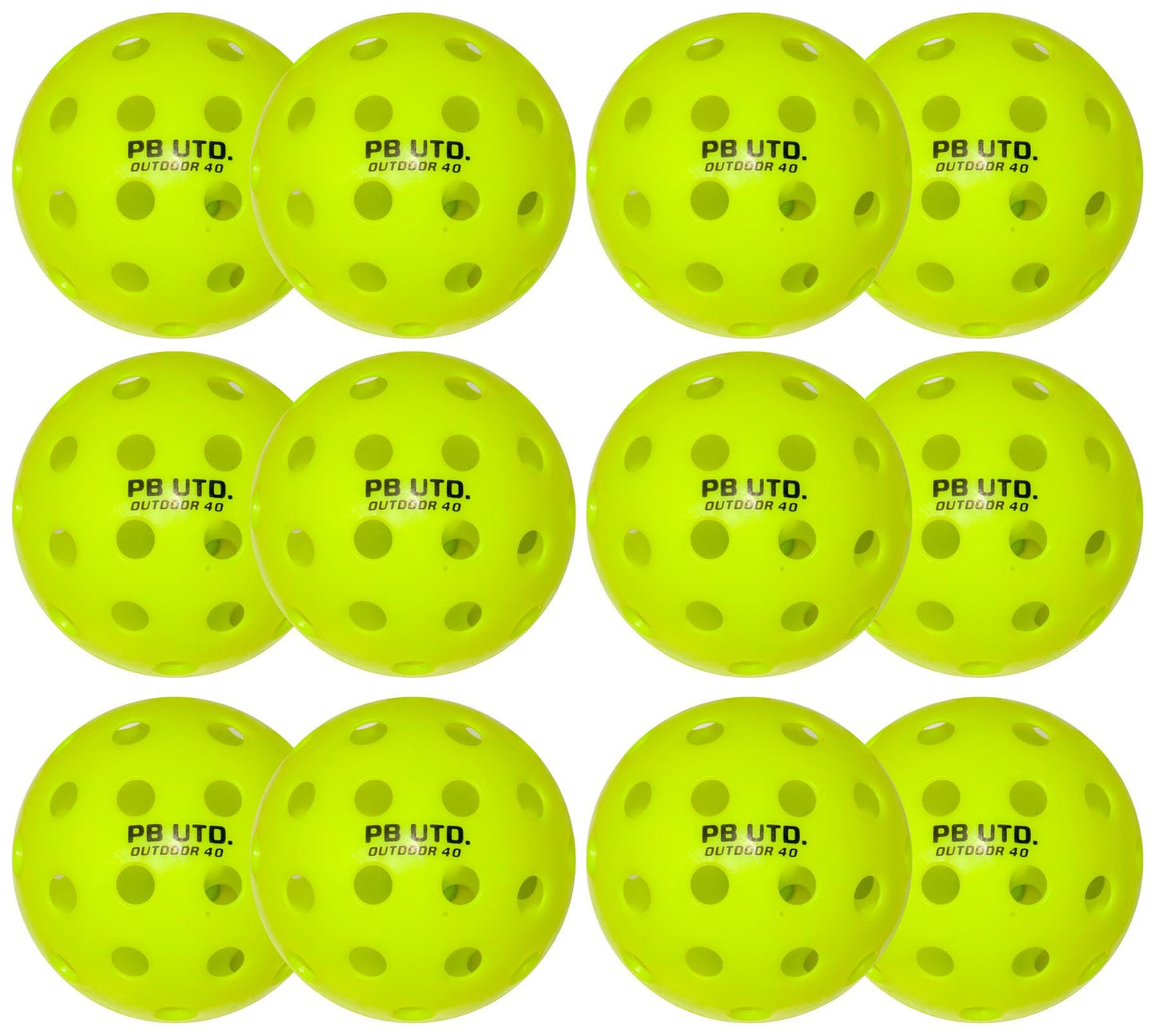 Twelve yellow Pickleball United Freedom 40 Outdoor balls are arranged in a 3x4 grid on a white background, each with "PB UTD. OUTDOOR 40" printed in black and evenly spaced holes for outdoor durability.