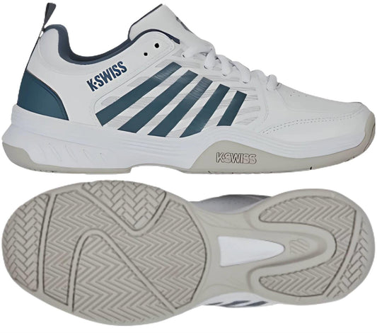 The K-Swiss Court Express Men's Tennis Shoes in White/Stargazer are ideal for tennis enthusiasts, featuring teal stripes, a gray-white patterned sole, and a comfortable K-EVA midsole. The brand name is stylishly displayed on the heel and sole.