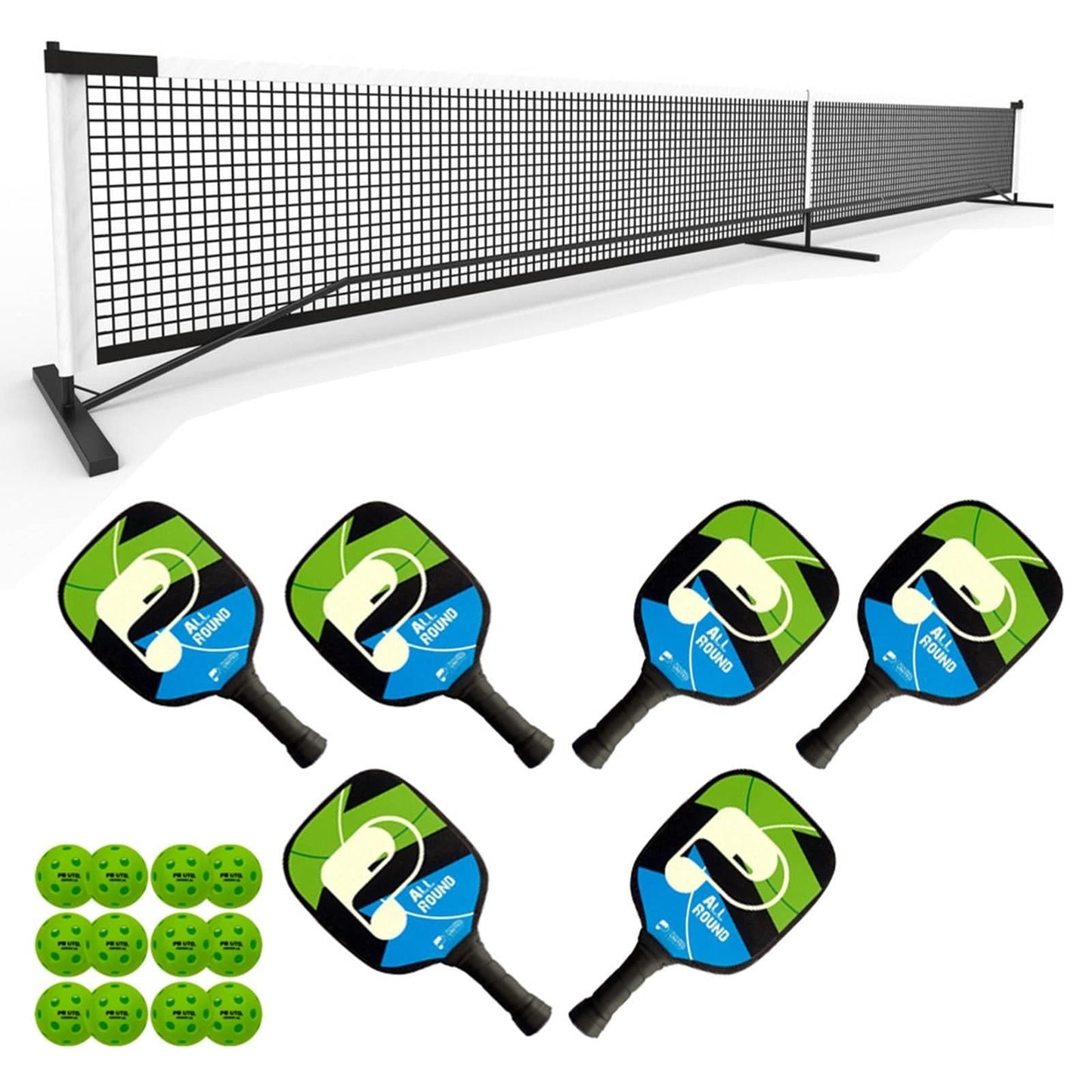The Pickleball United Education 6 Player Indoor Pickleball Set by Pickleball United, featuring a portable net, six paddles, and twelve indoor balls, is neatly arranged on a white background.