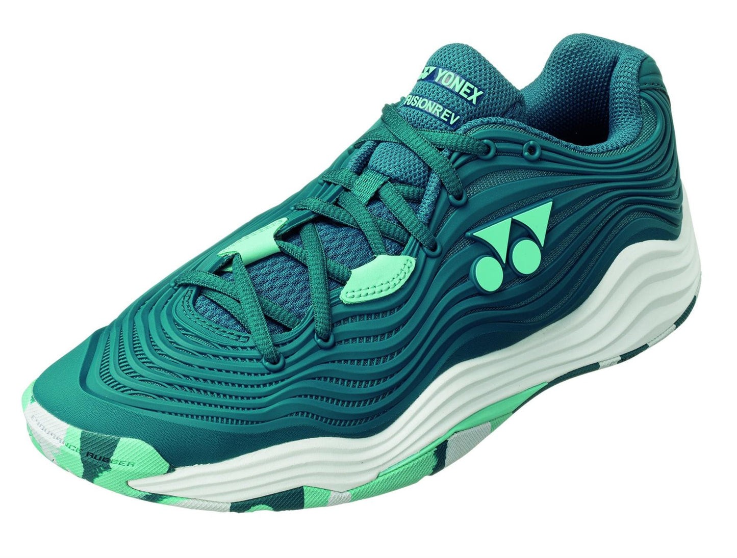 The Yonex Power Cushion FusionRev 5 Men's Tennis Shoes, in a blue and green colorway, boast a wave-like pattern on the upper. They feature a Power Cushion sole with a green camouflage design for enhanced comfort. A TPU Shank provides added stability, while the iconic Yonex logo adorns the side.