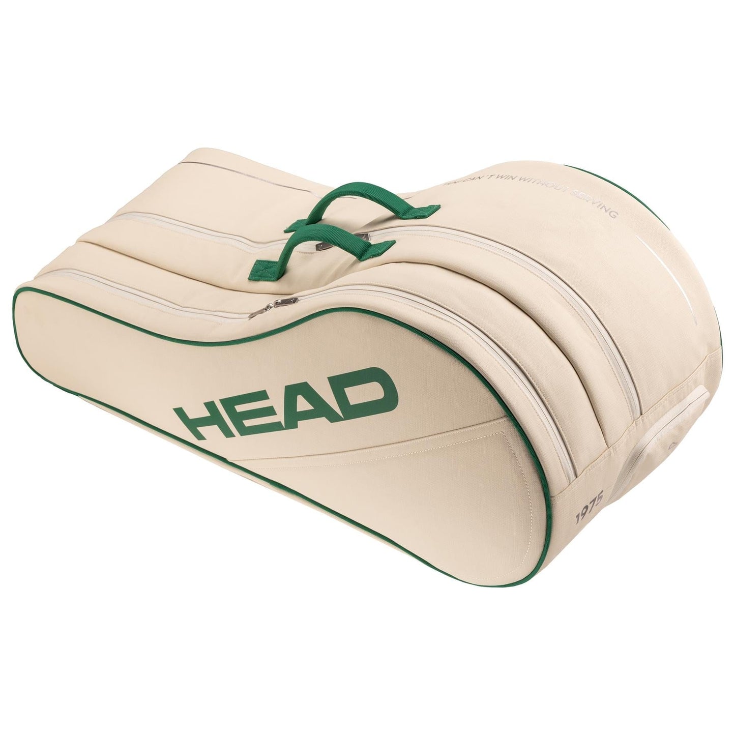 The limited-edition HEAD Arthur Ashe Tennis Racket Bag L in white and green by HEAD features two compartments, green zippers and handles, CCT+ climate control, a curved shape, and a bold HEAD logo for a stylish look.