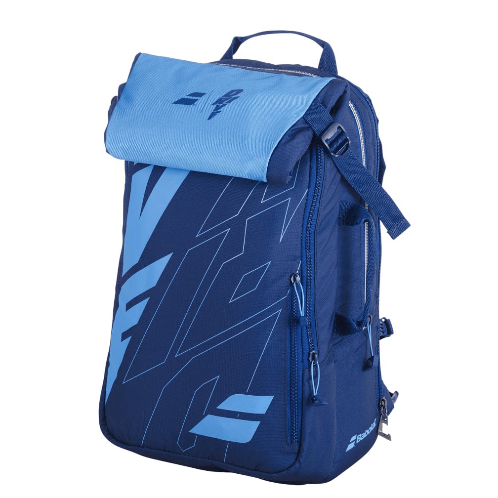 The Babolat Pure Drive Tennis Backpack - Blue from Babolat showcases a striking blue and light blue color scheme with a handy front flap, multiple zippers, and a convenient top handle. It includes bold graphics, side straps, and an isothermal insulated compartment to store tennis essentials, making it ideal for both sports activities and casual use.