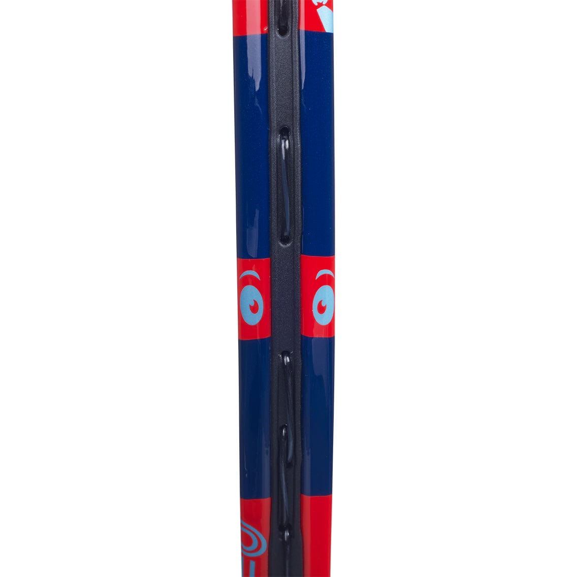 Close-up of a Babolat BallFighter 19 Junior Tennis Racket frame with a vivid blue and red color scheme, highlighted by white eye-like patterns. This kids' tennis racket includes string holes along its side, making it ideal for teaching young players the proper grip.