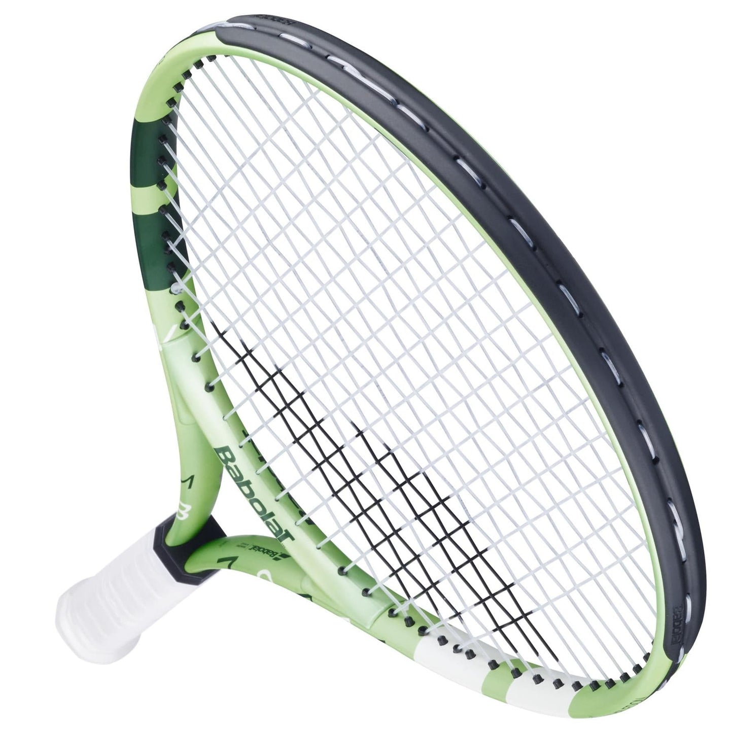 The Babolat Junior 25 Wimbledon 2025 Tennis Racket in Champagne Green, designed for young players, is shown with white strings and grip on a white background.