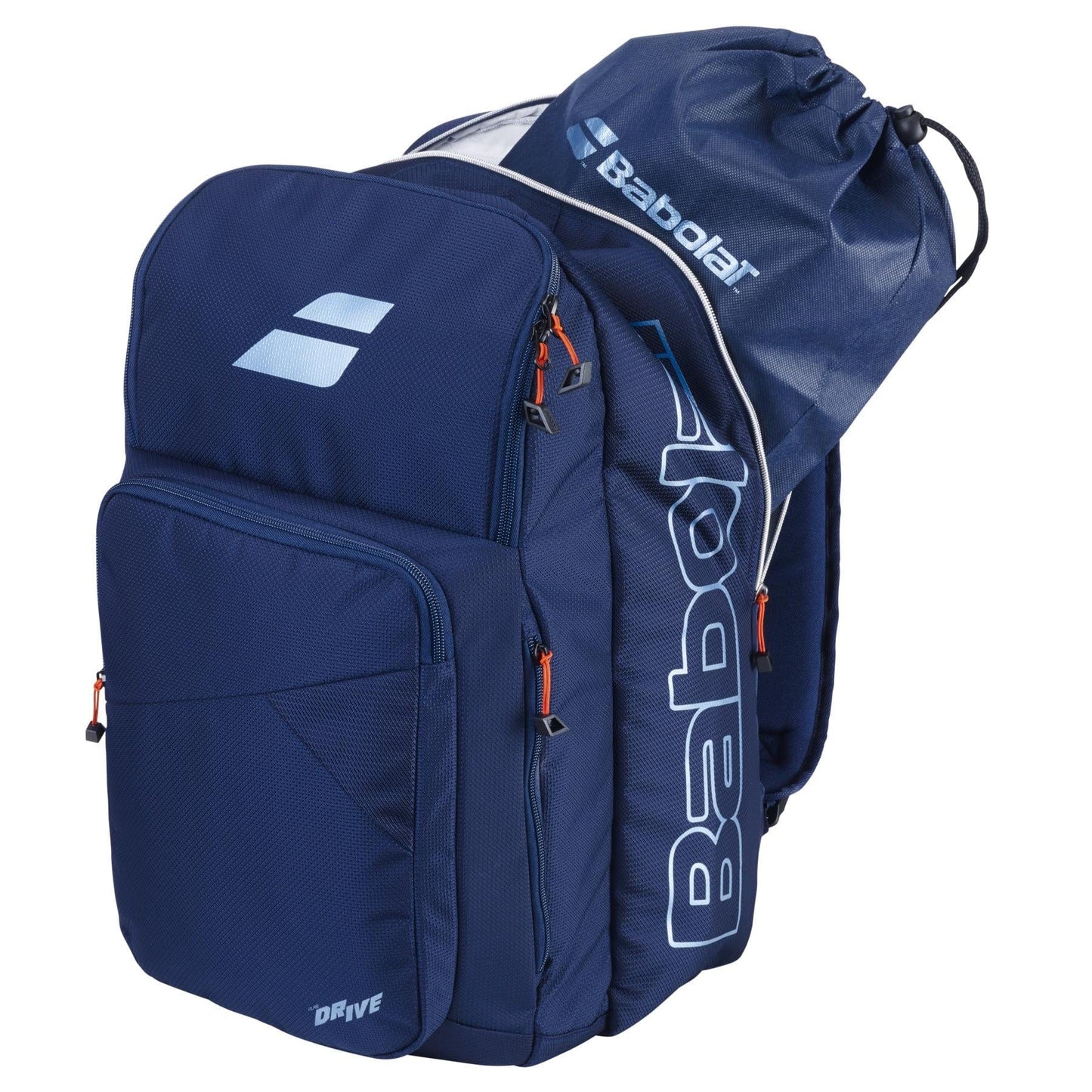 The Babolat Pure Drive Tennis Backpack is made from durable recycled polyester and features a blue design with orange zipper accents. It's ideal for tennis players, offering multiple compartments, a racket storage area, and a convenient top drawstring bag.