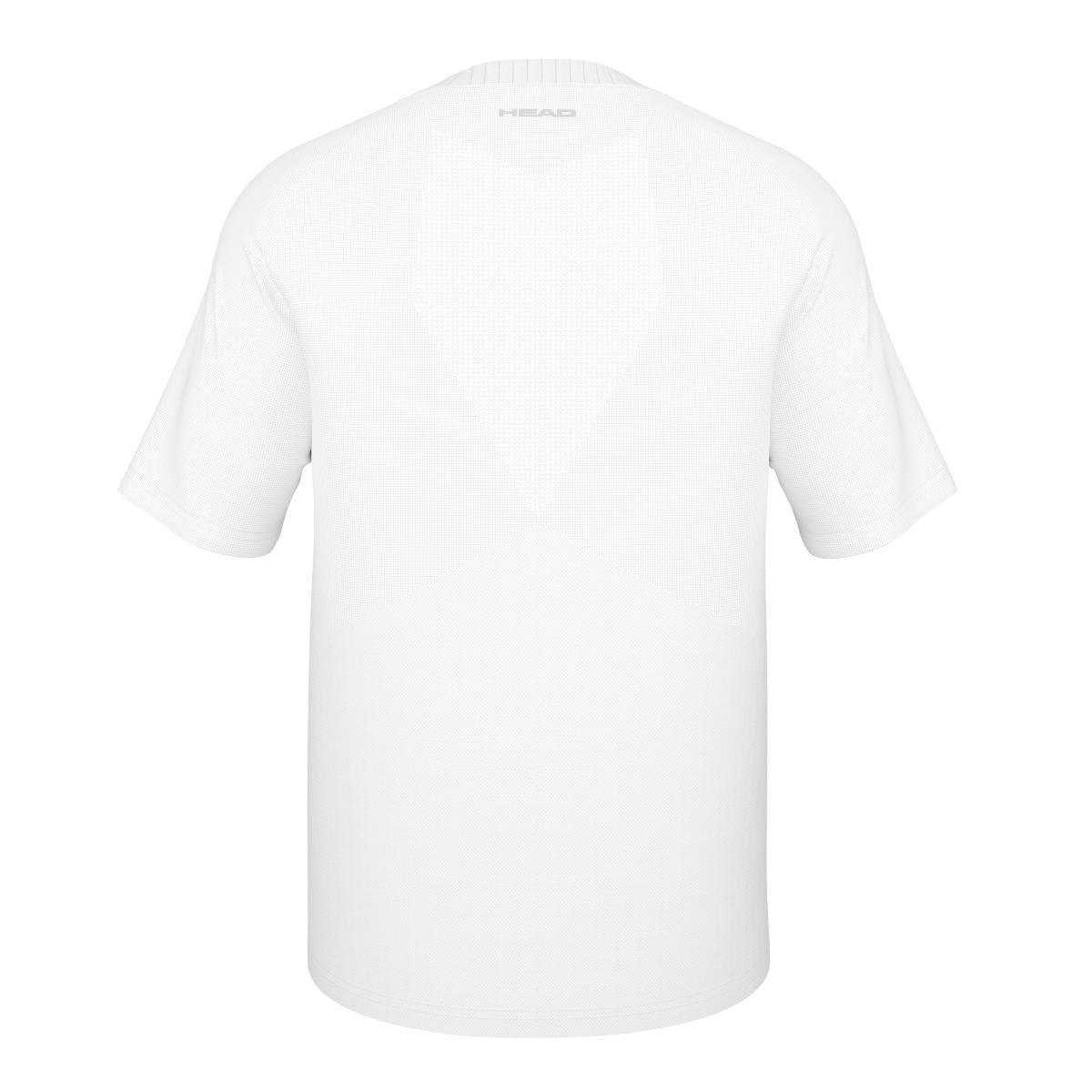 The HEAD Performance Men's Tennis T-Shirt in white is showcased from the back. This plain, short-sleeve shirt prominently features the "HEAD" brand name near the neck area and is crafted with Moisture Transfer Microfibre technology for a smooth and lightweight feel.