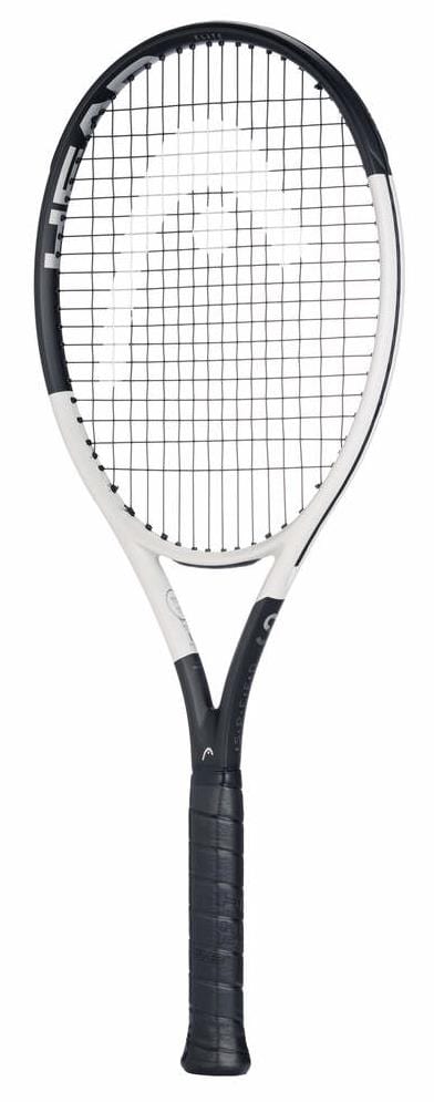 A HEAD Speed Elite 2024 Tennis Racket, designed in black and white with Auxetic construction and a tight string pattern. The handle has black grip tape, and "Speed Elite" is displayed on the frame in white letters. The racket is set against a plain white background.