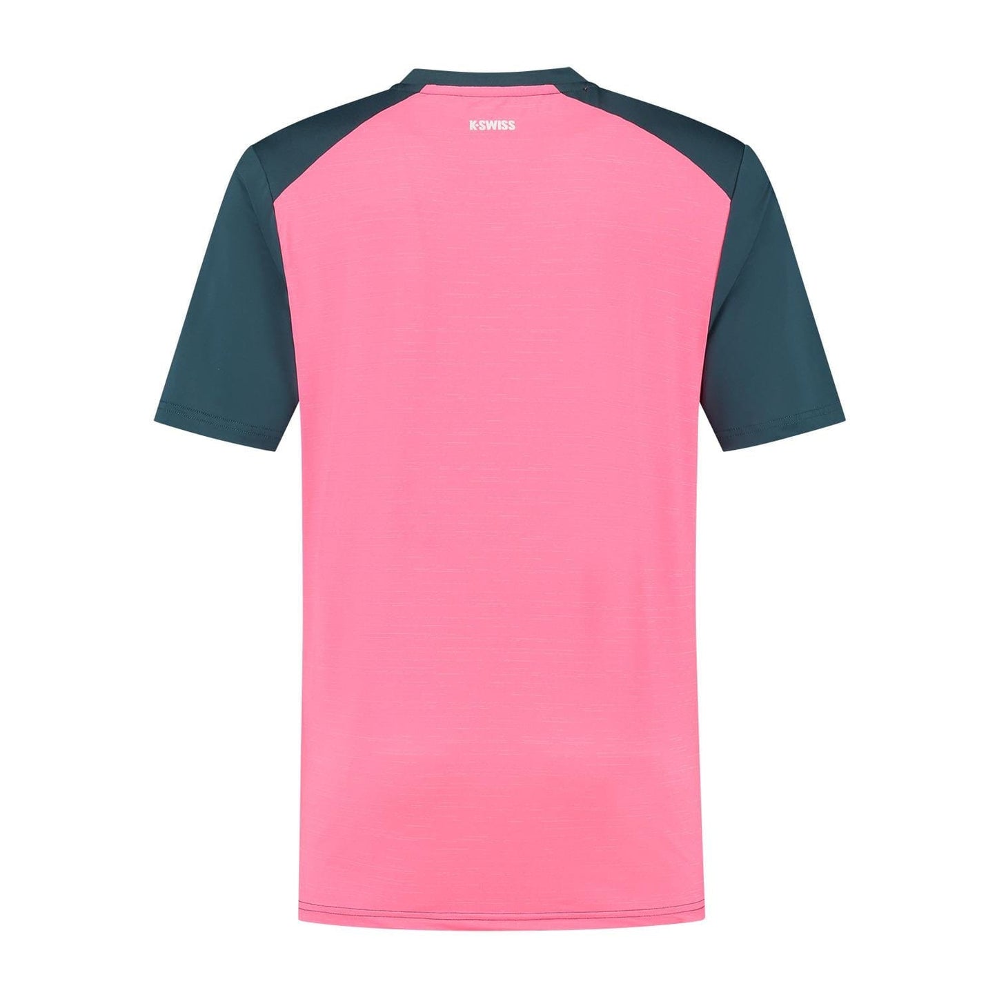 The image displays the K-Swiss Hypercourt Mix Melange Men's Tennis T-Shirt in Stargazer/Pink, showing the back. It's made from breathable materials and is mainly pink with contrasting dark green sleeves and shoulder panels. "K-SWISS" is stylishly printed near the neckline.