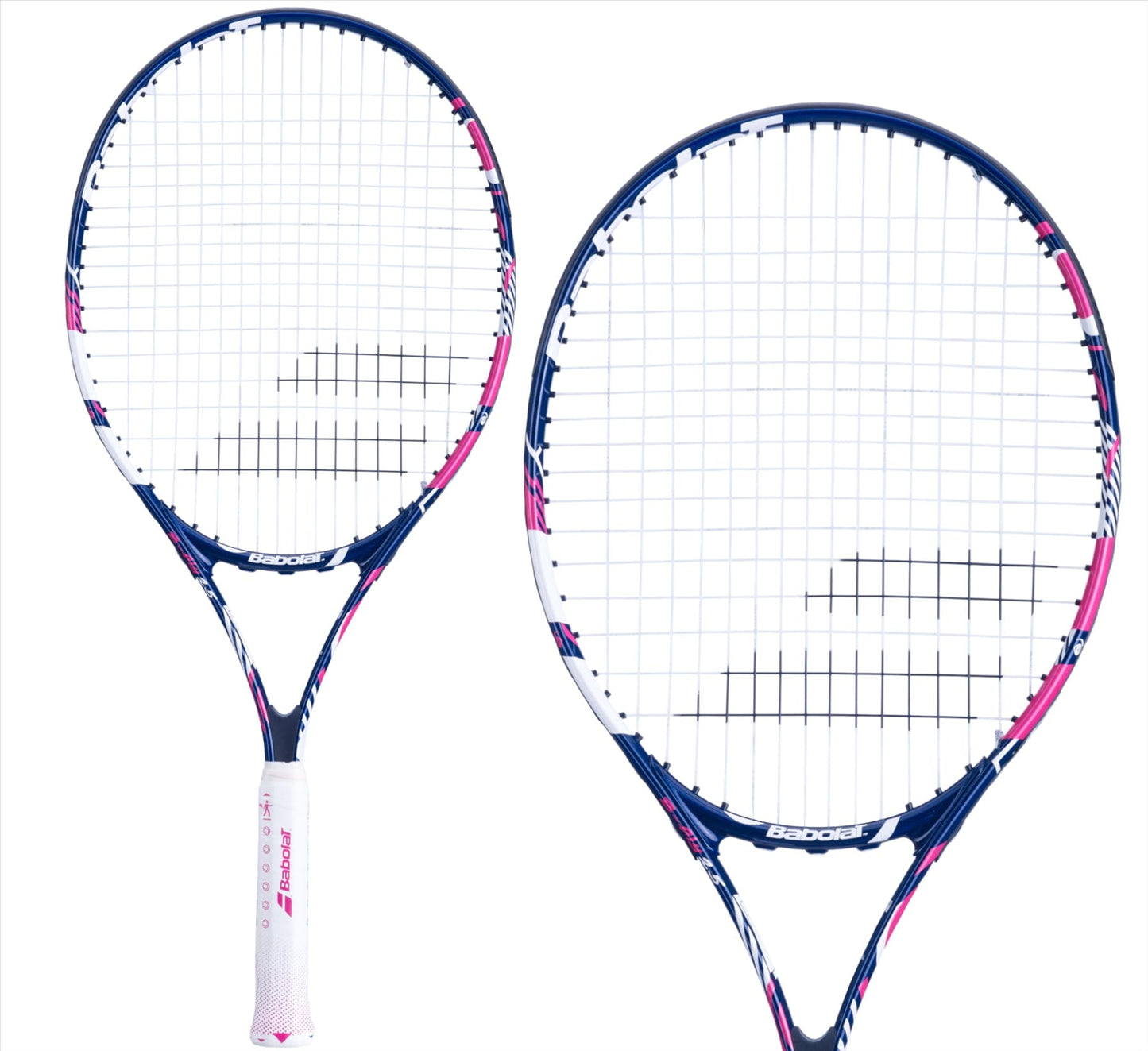 Displayed against a white background are two Babolat B-Fly 25 Junior Tennis Rackets in blue with pink accents and white stringing, ideal for children. The "Babolat" brand name is prominently visible on the side of each racket's frame.