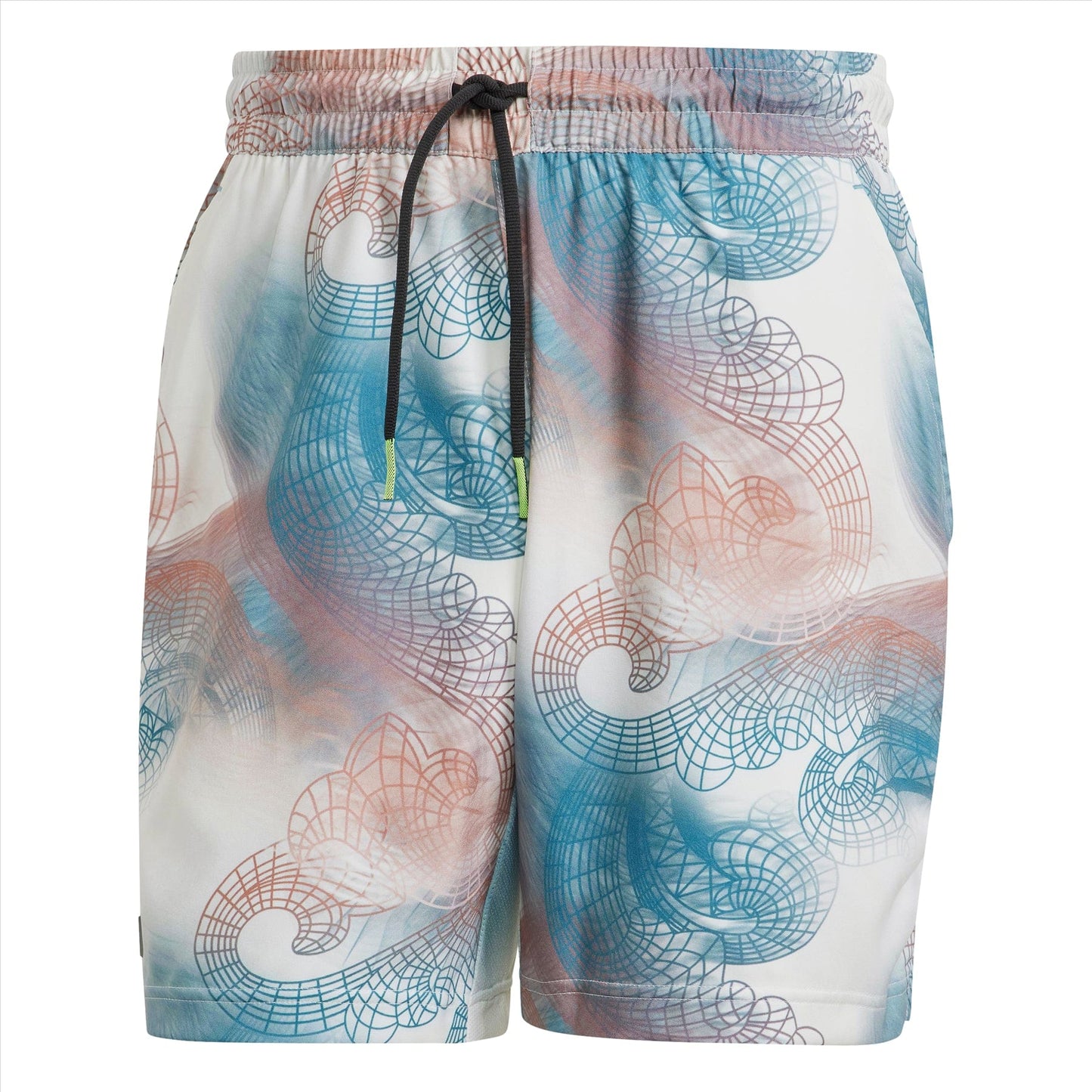 The adidas Men's Printed Aeroready Ergo Pro Tennis Shorts in white showcase a detailed geometric pattern with blue and pink spirals and swirls, made from recycled materials for an environmentally friendly advantage.