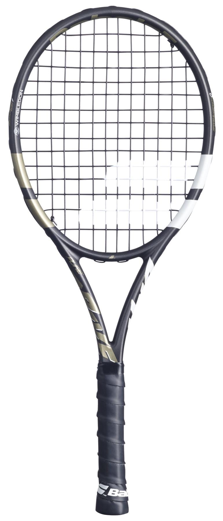 The Babolat Mini Pure Drive Wimbledon Tennis Racket features a black grip, white strings, and the classic Babolat logo—an ideal collectible for fans of British Grand Slam tournaments.