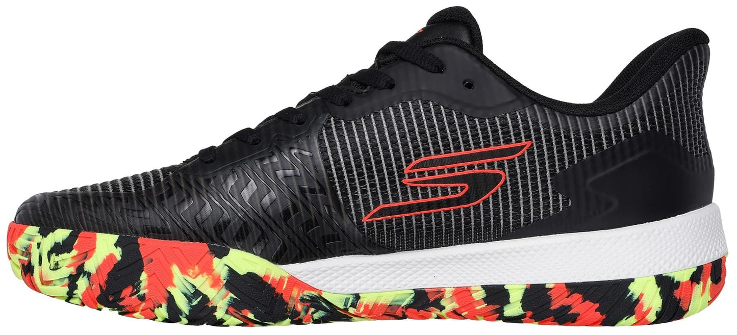 The Skechers Viper Court Pro 2.0 Tennis Shoes in Black / Multi feature a textured upper, red Skechers logo, and a vibrant sole with yellow, red, and black accents. Arch Fit technology ensures all-day comfort. Side view shown.