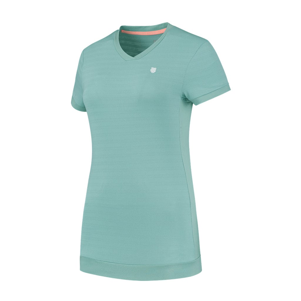 The K-Swiss Tac Hypercourt Women's V-Neck Tennis Top in Nile Blue features a small logo on the upper left chest and boasts a sleek, simple design that is perfect for both casual and workout wear.