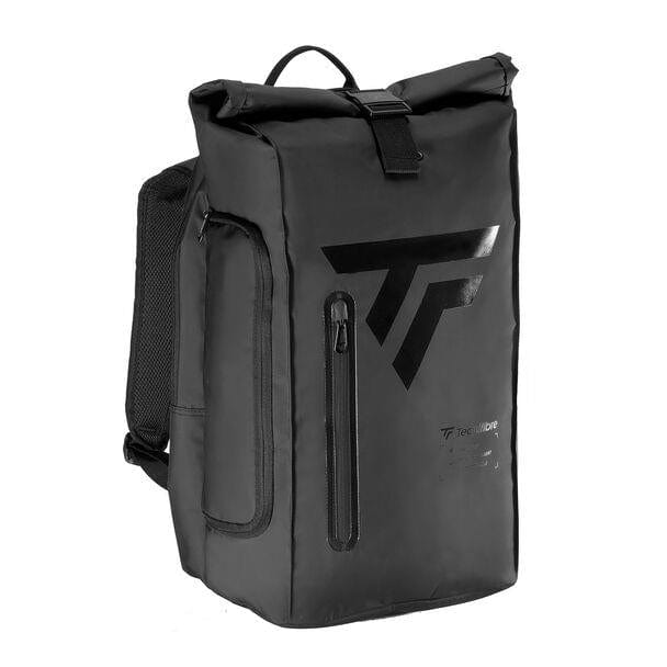 Introducing the Tecnifibre Tour Endurance 2024 Tennis Standbag in Ultra Black, featuring a sleek roll-top closure and durable design. It boasts a large geometric logo on the front, a front zipper pocket, and padded shoulder straps for secure and comfortable carrying. Perfect for racket sports enthusiasts.