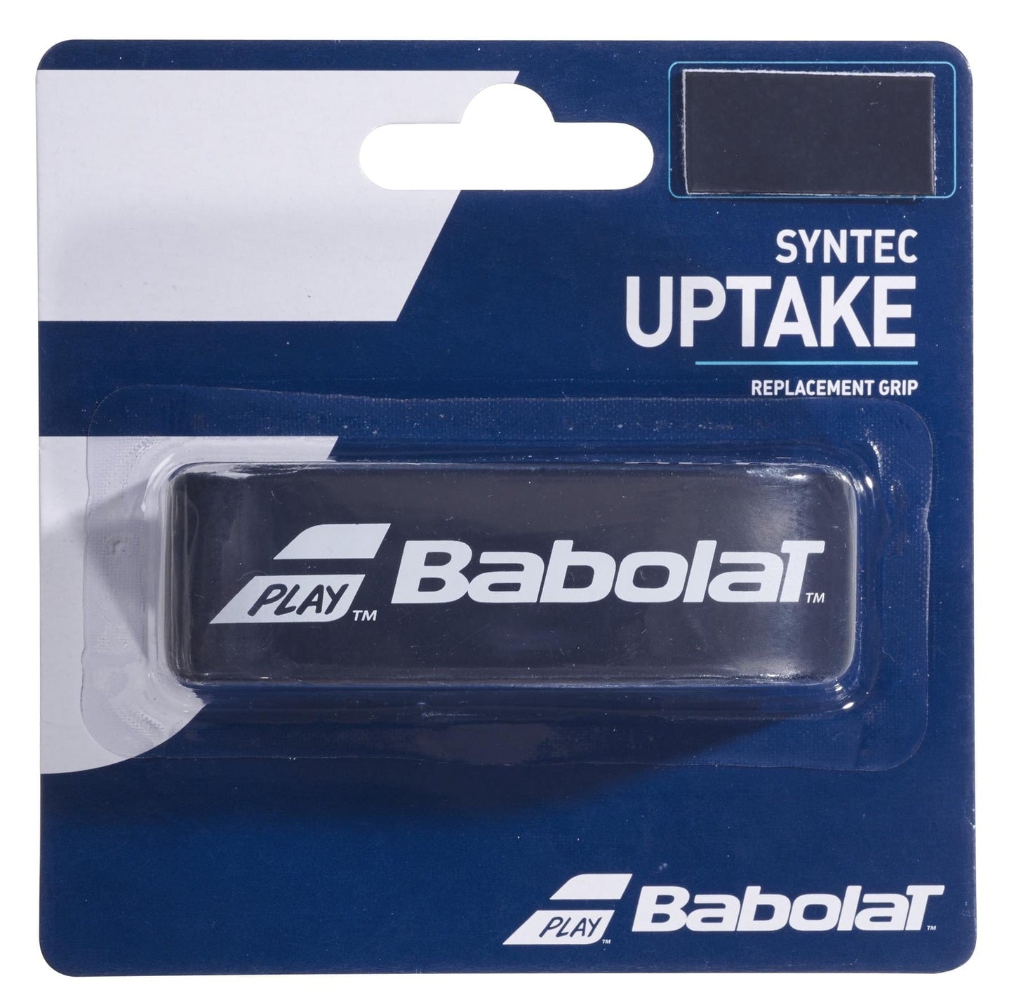 The Babolat Syntec Uptake replacement tennis grip in black features the brand's logo and "PLAY Babolat" text on a blue and white background, emphasizing its durable and highly absorbent qualities for improved performance.