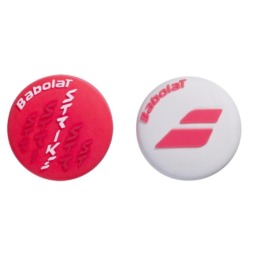 The Babolat Strike Damp X2 Tennis Dampeners in Red and White offer sleek designs for racket enthusiasts. The left dampener is red, adorned with "Strike" and lightning bolt motifs, while the right features a bold red Babolat logo on a white background—ideal for players looking to enhance their style and performance on the court.