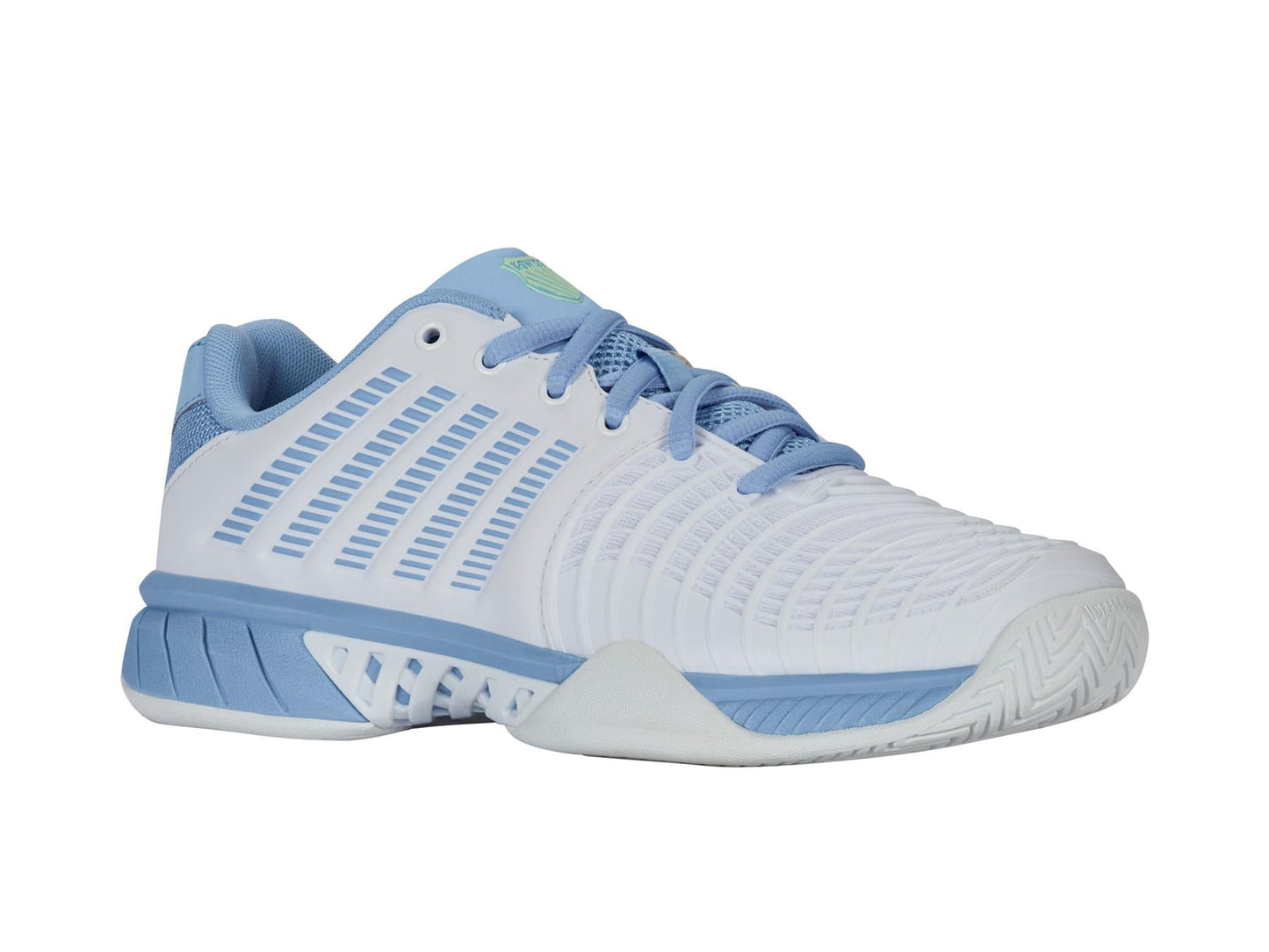 The K-Swiss Express Light 3 Women's Tennis Shoes in white and blue feature a textured sole, breathable mesh design, lace-up front, and striped side details. With DuraWrap Flex technology, these shoes are perfect for tennis or casual wear.