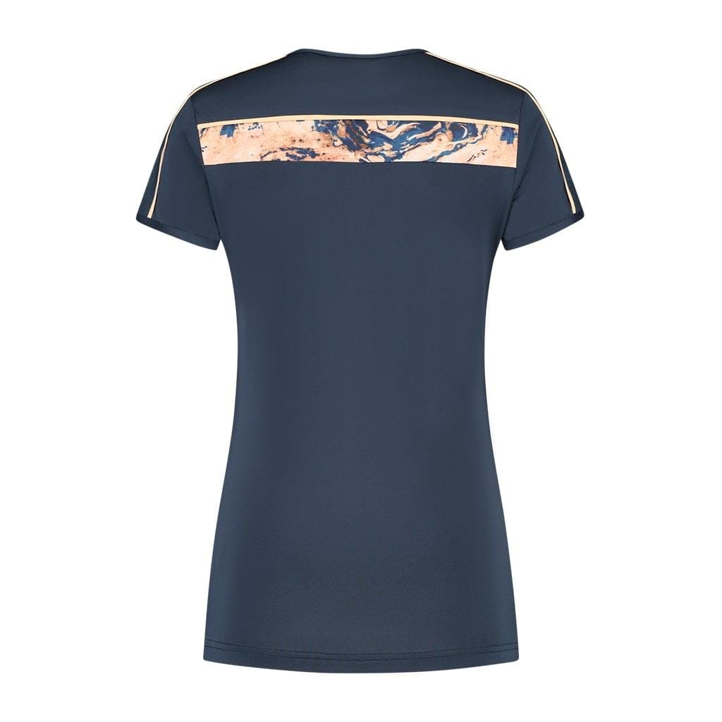The image highlights the back view of the K-Swiss Hypercourt Crew Tee 3 Women's Tennis T-Shirt in Peacoat, a navy blue short-sleeve top adorned with a marbled peach and blue stripe across the upper back. This performance sportswear piece is elegantly simple, without any visible logos or text.