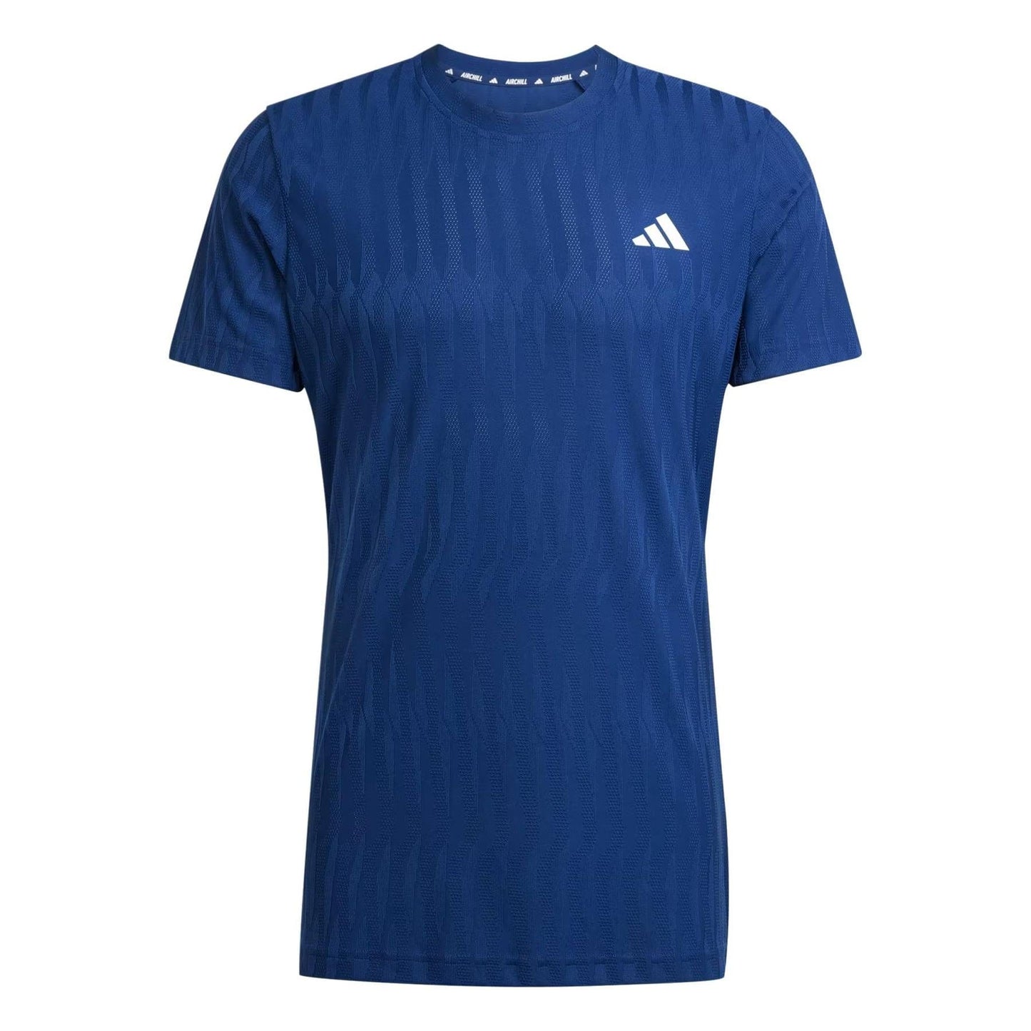 The adidas Men's Climacool+ Freelift Tennis T-Shirt in navy features a subtle diamond pattern, advanced performance design, round neckline, and a white chest logo.