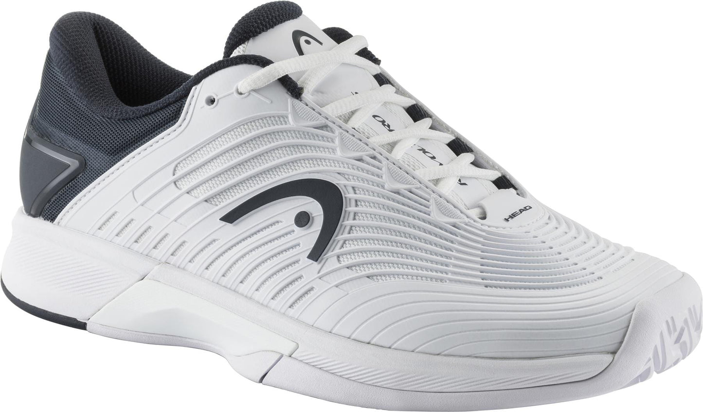 Introducing the HEAD Revolt Pro 4.5 Men's Tennis Shoes in White and Blueberry: an athletic shoe featuring a sleek white design with dark gray accents and a textured pattern on the sides. Equipped with white laces and a mainly white sole accented by gray patterns, these shoes are designed with a Lockdown Strap to provide enhanced support during intense activities.
