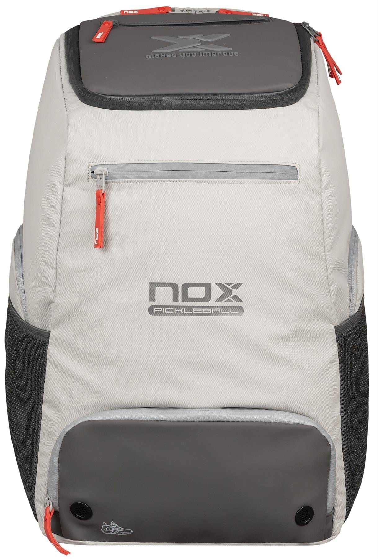 The NOX Supra Pickleball Backpack in cream features ergonomic padded straps, red zipper pulls, mesh side pockets, and a front compartment, displayed upright on a white background.