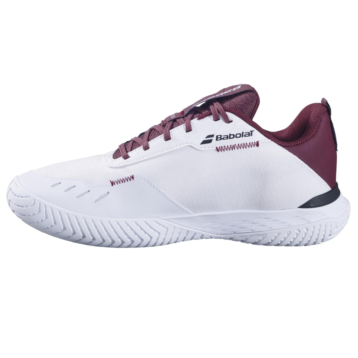 The Babolat SFX Evo Mens Tennis Shoes in white/burgundy feature maroon accents, the Babolat logo, a grippy white sole, and an Ortholite insole for comfort—perfect for players who need wide-fit tennis shoes.