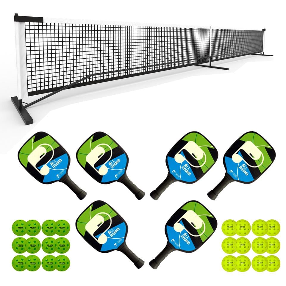 The Pickleball United 6 Player Pickleball Paddle & Net Set by Pickleball United includes a durable net, six paddles in green and blue, and twelve yellow outdoor balls, all displayed on a white background.