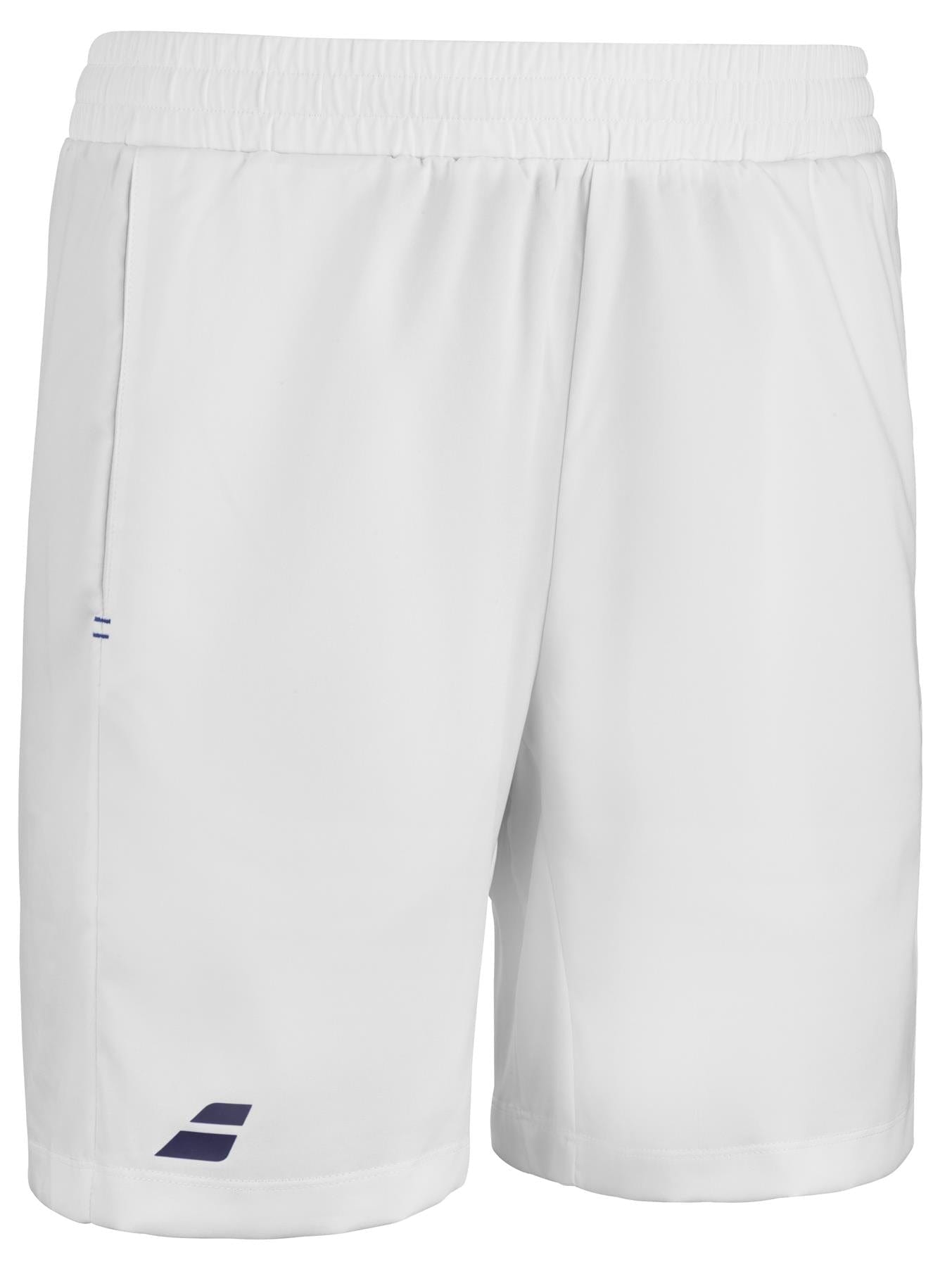 Introducing the Babolat Play Men's Tennis Shorts - White by Babolat, expertly crafted from recycled polyester for eco-friendly comfort. These plain white athletic shorts offer an adjustable waistband to ensure the perfect fit and are accented with a small dark blue logo on the lower right leg, seamlessly combining style and sustainability.